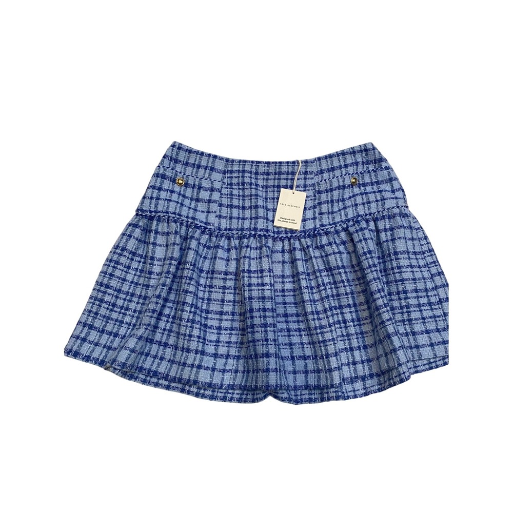 Free Assembly Womens Blue Plaid Mini Skirt Ruffle Tiered Gold Button 14 NEW